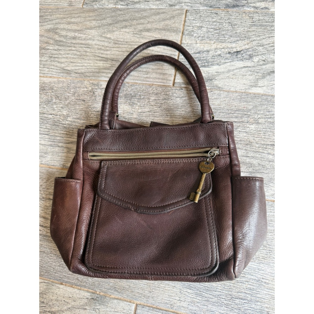Fossil Handbag Brown Leather 75082 Satchel Brass Key Charm Bag‎ Purse tote 1954